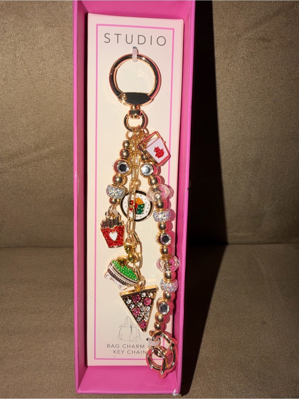 Studio Gold-Tone Keychain with Pink and Multicolor Food Charms